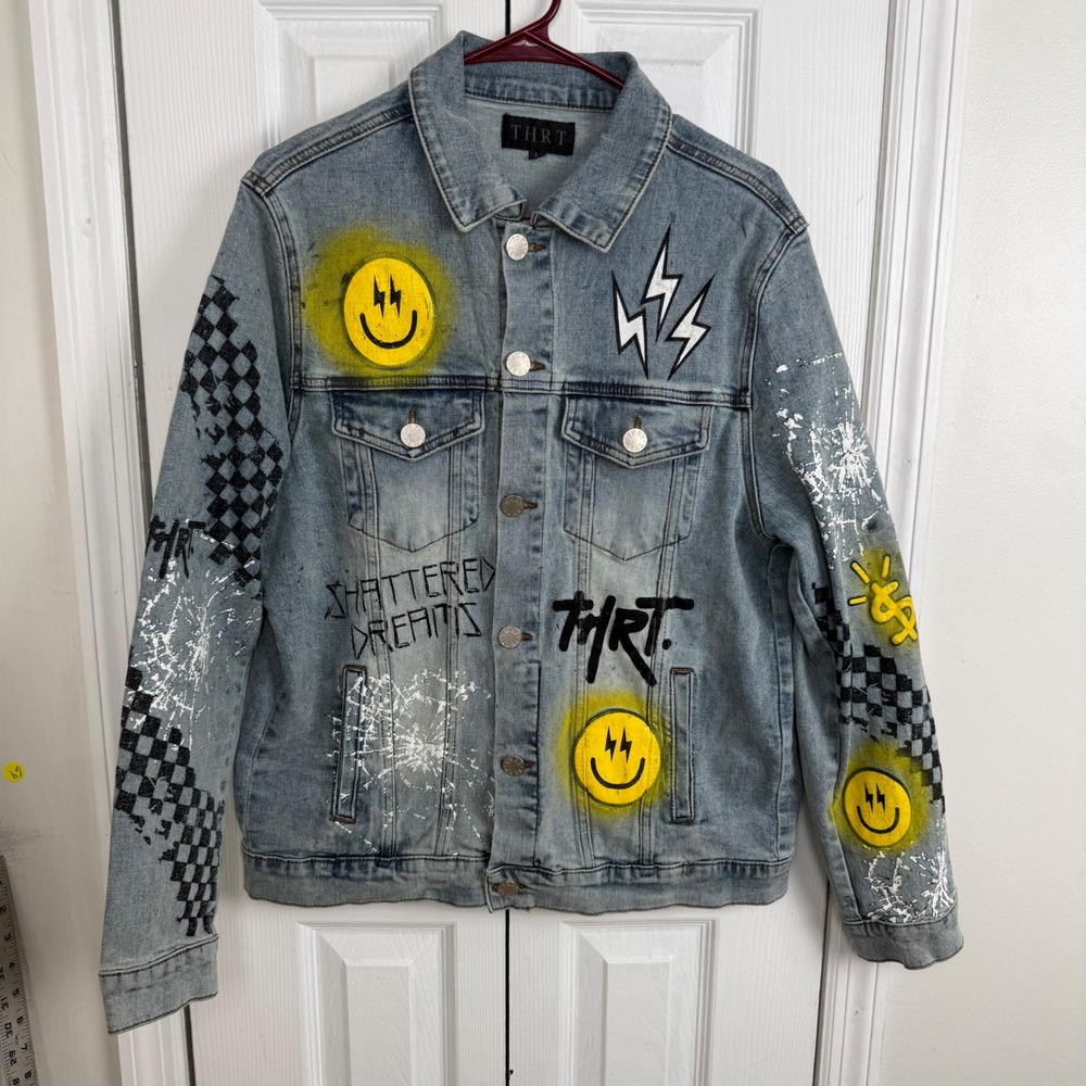 THRT Denim Jacket Large Blue Graffiti Smiley Lightning Bolt Streetwear Punk Edgy